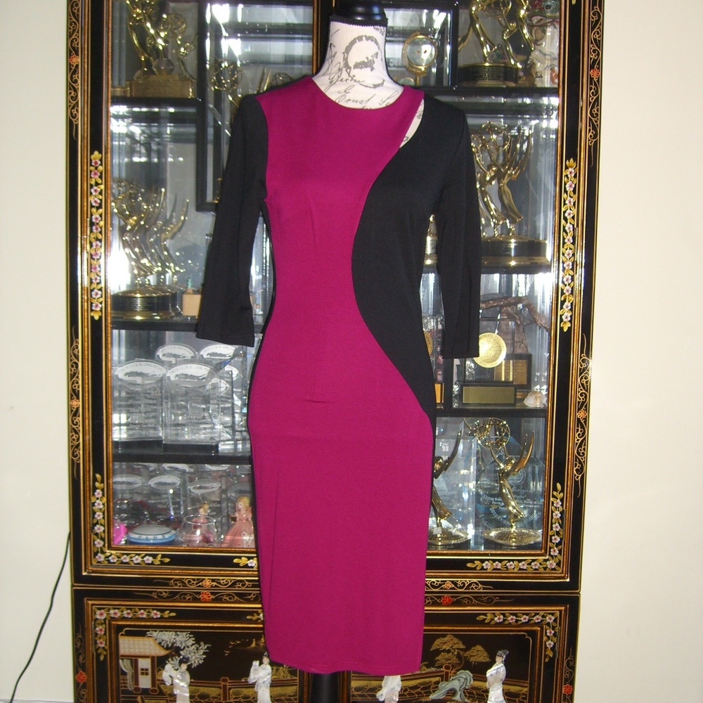 HOMEYEE BERRY PINK BLACK BODYCON DRESS M